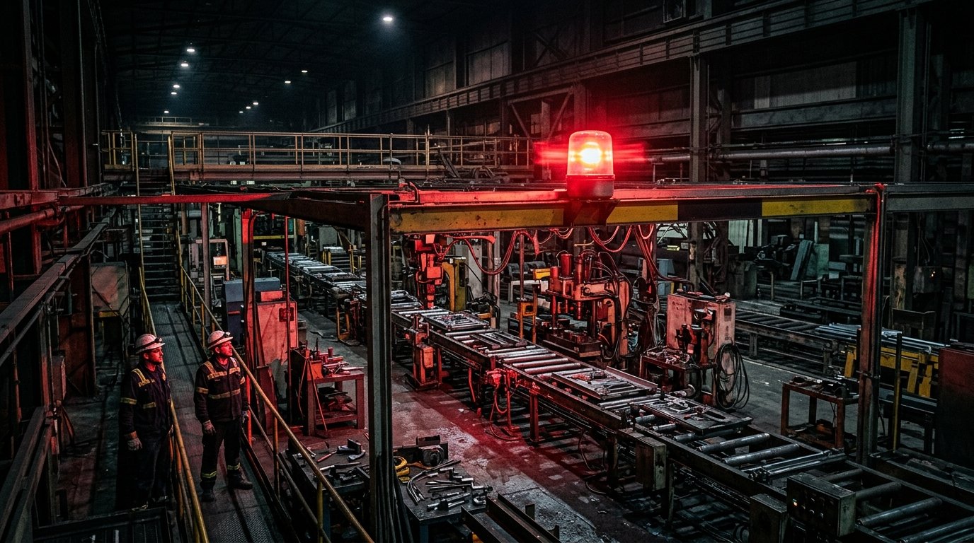 Linha industrial parada com sinalização de emergência