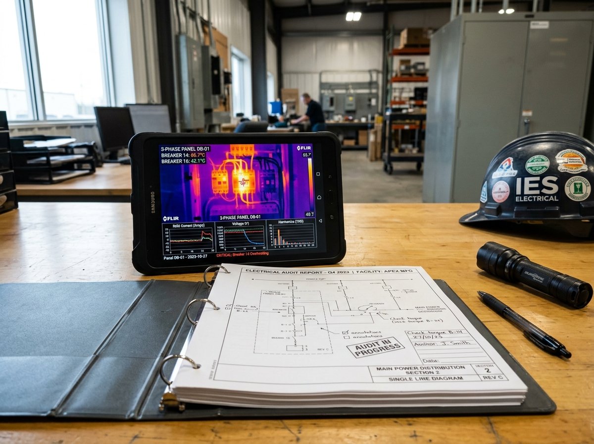 Tablet e documentação técnica em uma análise de infraestrutura elétrica
