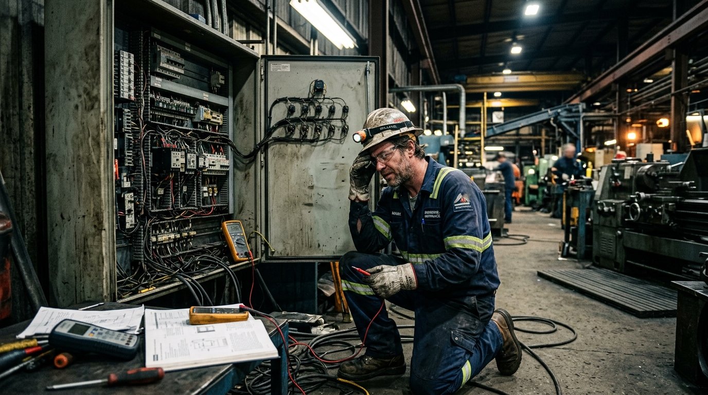 Técnico inspecionando um painel elétrico no chão de fábrica